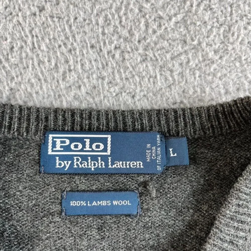 Ralph Lauren Polo Sweater Mens Large Gray Italian Yarn Lambs Wool V Neck READ‎